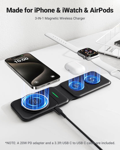 INIU Magnetic 3-in-1 Wireless Charger charging iPhone, Apple Watch, AirPods. Includes 20W adapter and USB-C cable.