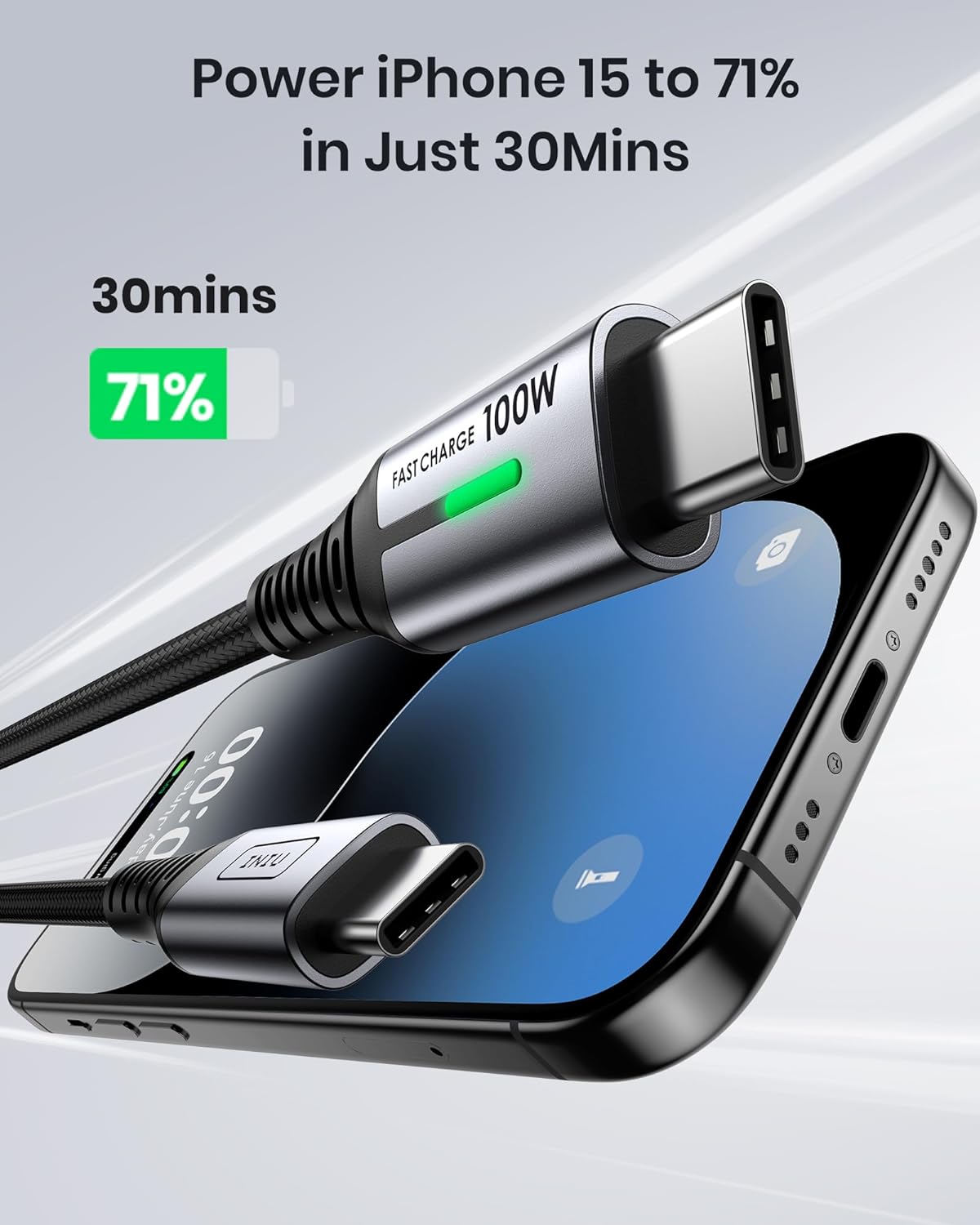 INIU 100W USB C Cable fast charging iPhone 15 in 30mins, nylon braided.