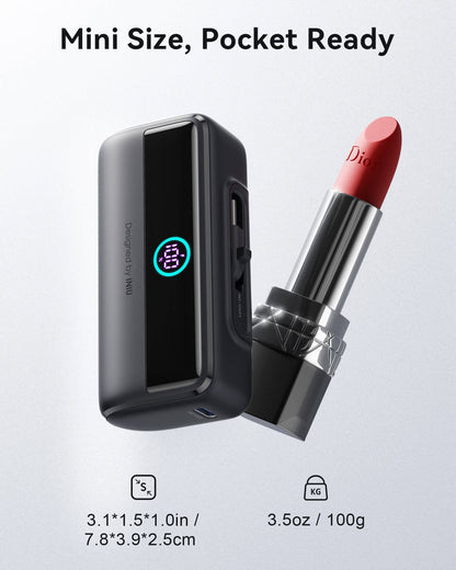 INIU P45-E1 Power Bank - Mini size, shown next to lipstick. 5500mAh portable power bank for fast charging.