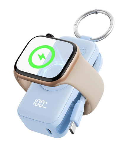 INIU SnapGo P81-E1 charging Apple Watch with 100% power display, USB-C port and keychain design