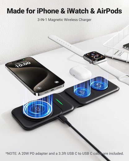 INIU 3-in-1 Magnetic Wireless Charger: iPhone, Apple Watch, AirPods on black pad, includes adapter.