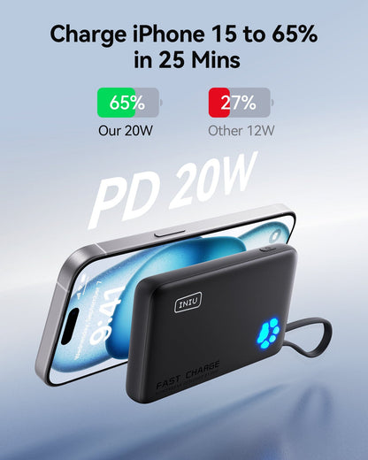 INIU P41L-E1 Power Bank fast charging iPhone 15, charges to 65% in 25 mins with 20W PD