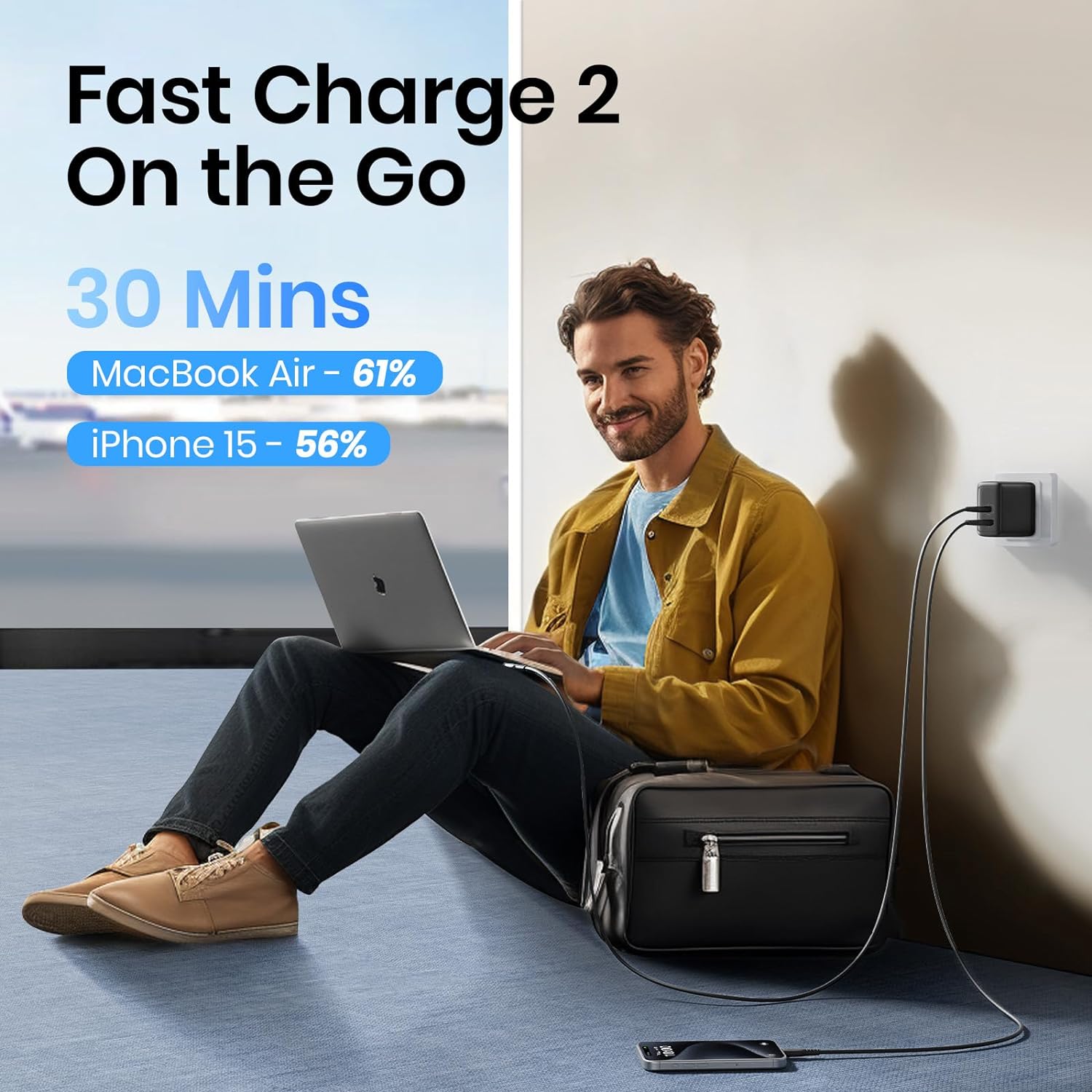 INIU 65W Charger: Fast charging for MacBook Air & iPhone 15 in 30 mins, on the go.
