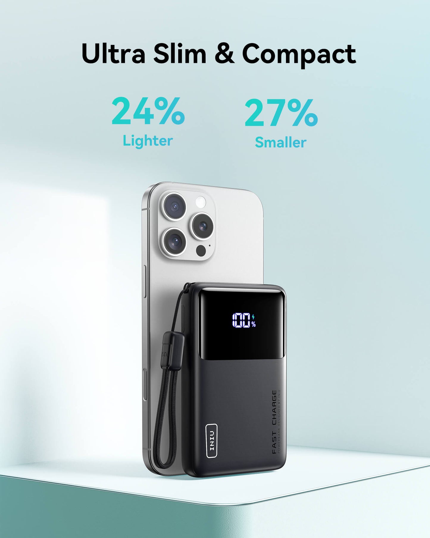 INIU P55-E2 Power Bank: Compact, fast charging, with 100% display, paired with smartphone