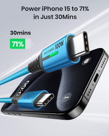 INIU D5CC Blue USB-C Cable: Fast charging iPhone 15 to 71% in 30 mins, blue braided cable with 100W power.