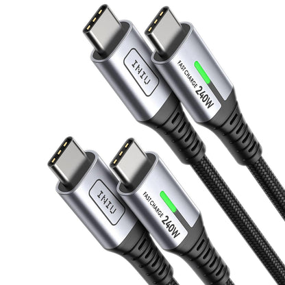 INIU D7CC 240W USB-C to USB-C Cable, silver connector, black braided cable, fast charging 240W.