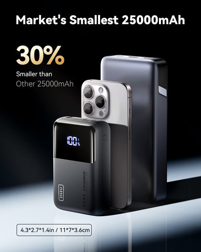 INIU P63-E1 Power Bank, black, compared to iPhone and other power banks, showing its compact size