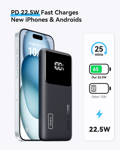 INIU B6 Power Bank - Fast charging a new iPhone, showing charging speed of 22.5W in 25 minutes