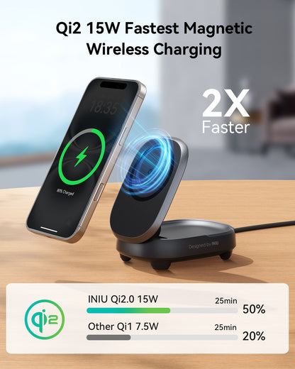 INIU WM211 Wireless Charger: Black Qi2 magnetic charging stand, fast charging iPhone, charging to 80%, 2X faster charging