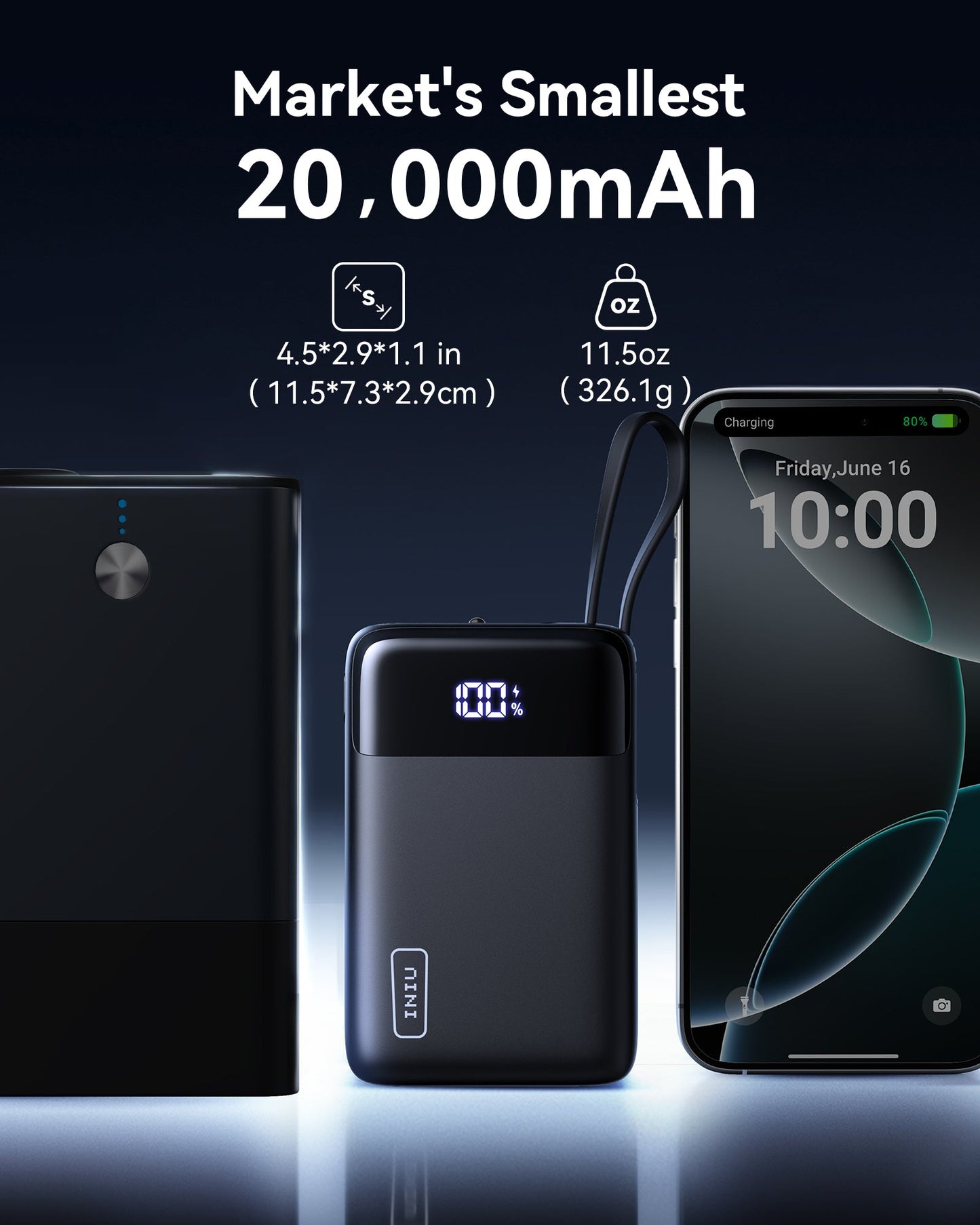 INIU P51L-E2 Power Bank: Smallest 20000mAh, black, charges iPhone 15. Compact design.