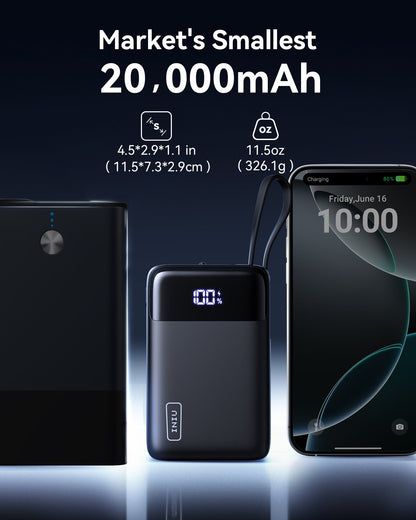 INIU P51L-E2 Power Bank: Smallest 20000mAh, black, charges iPhone 15. Compact design.