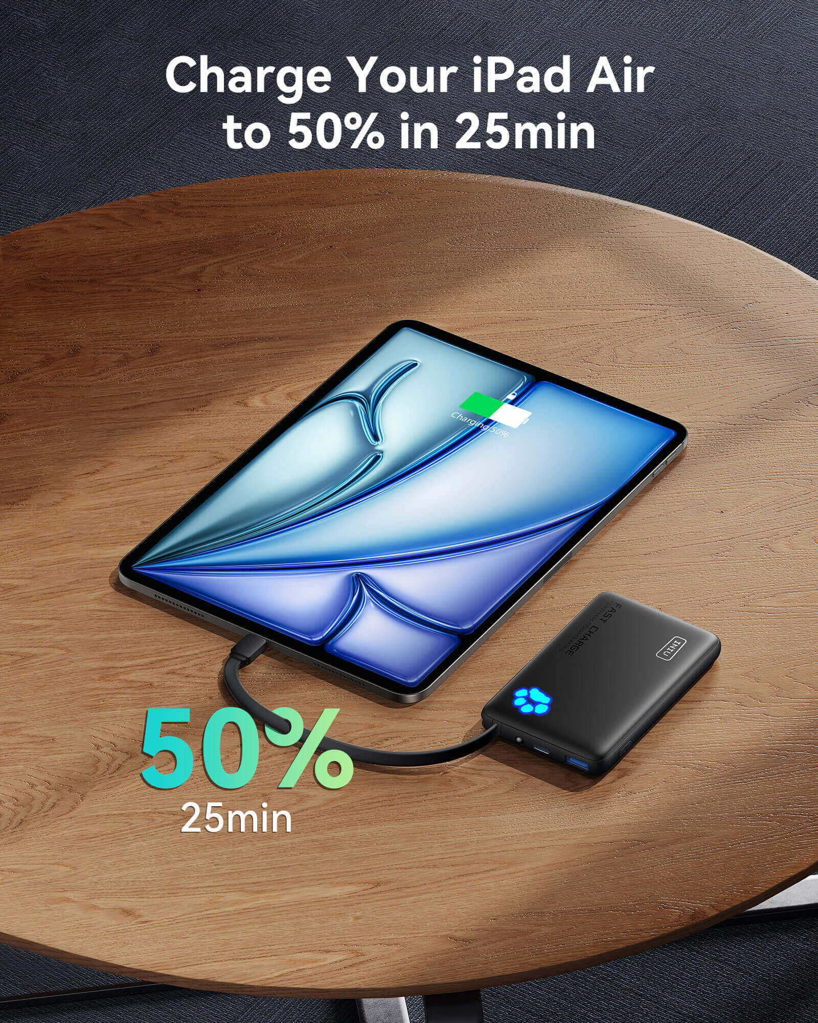 INIU P41L-E1 Power Bank charging iPad Air to 50% in 25 minutes, fast charging with paw indicator