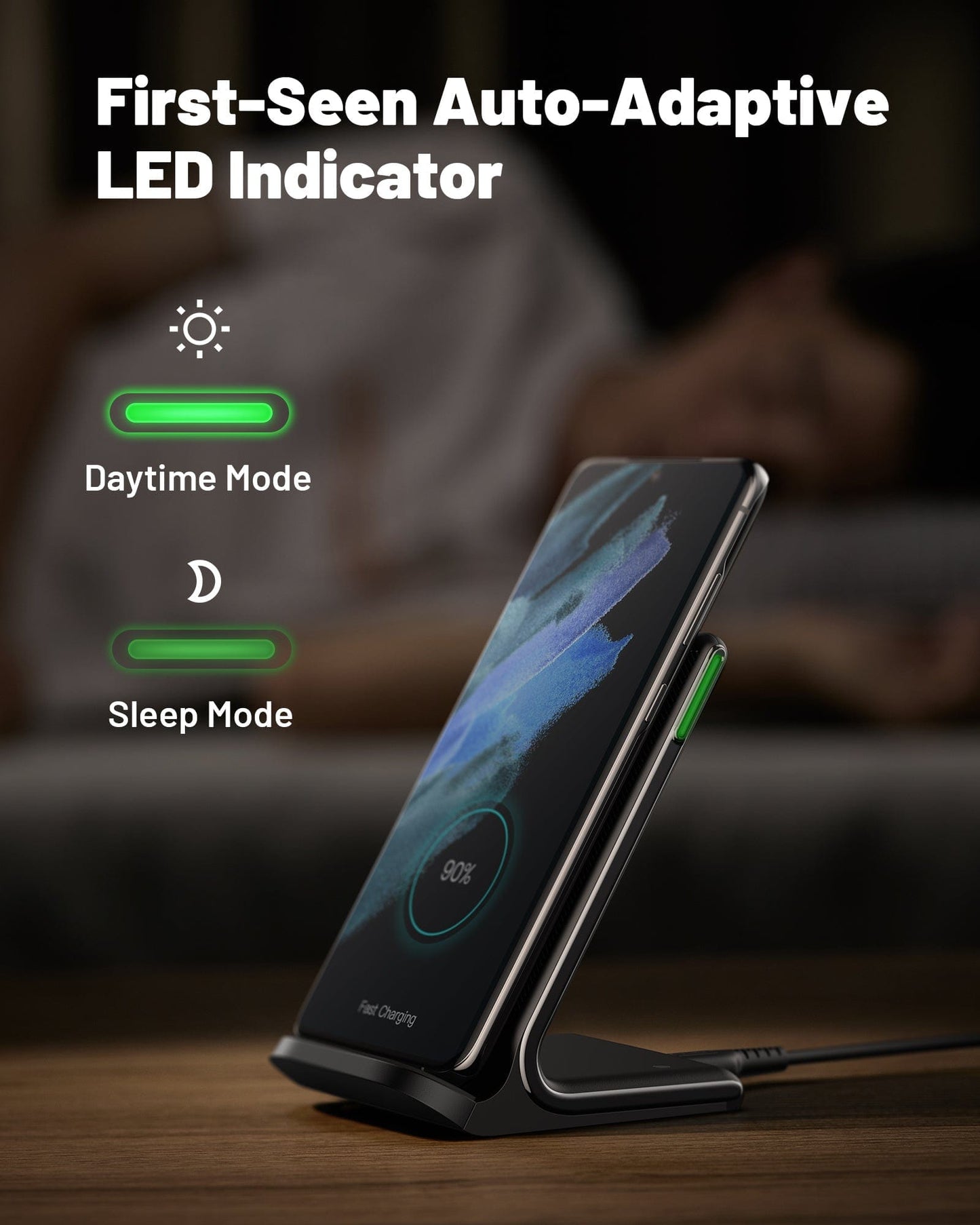 INIU I211-2P: Auto-Adaptive LED indicator wireless charger, Daytime & Sleep Mode. Supports fast wireless charging.