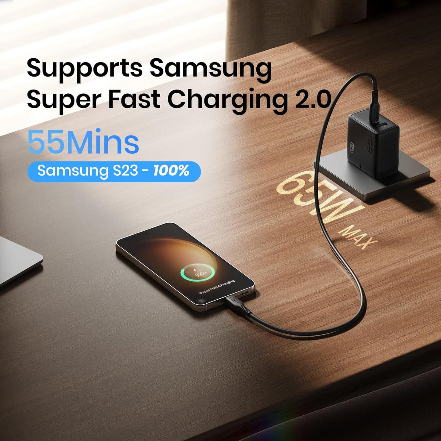 INIU 65W Charger: Samsung S23 Super Fast Charging 2.0, charging to 100% in 55 minutes, black charger.