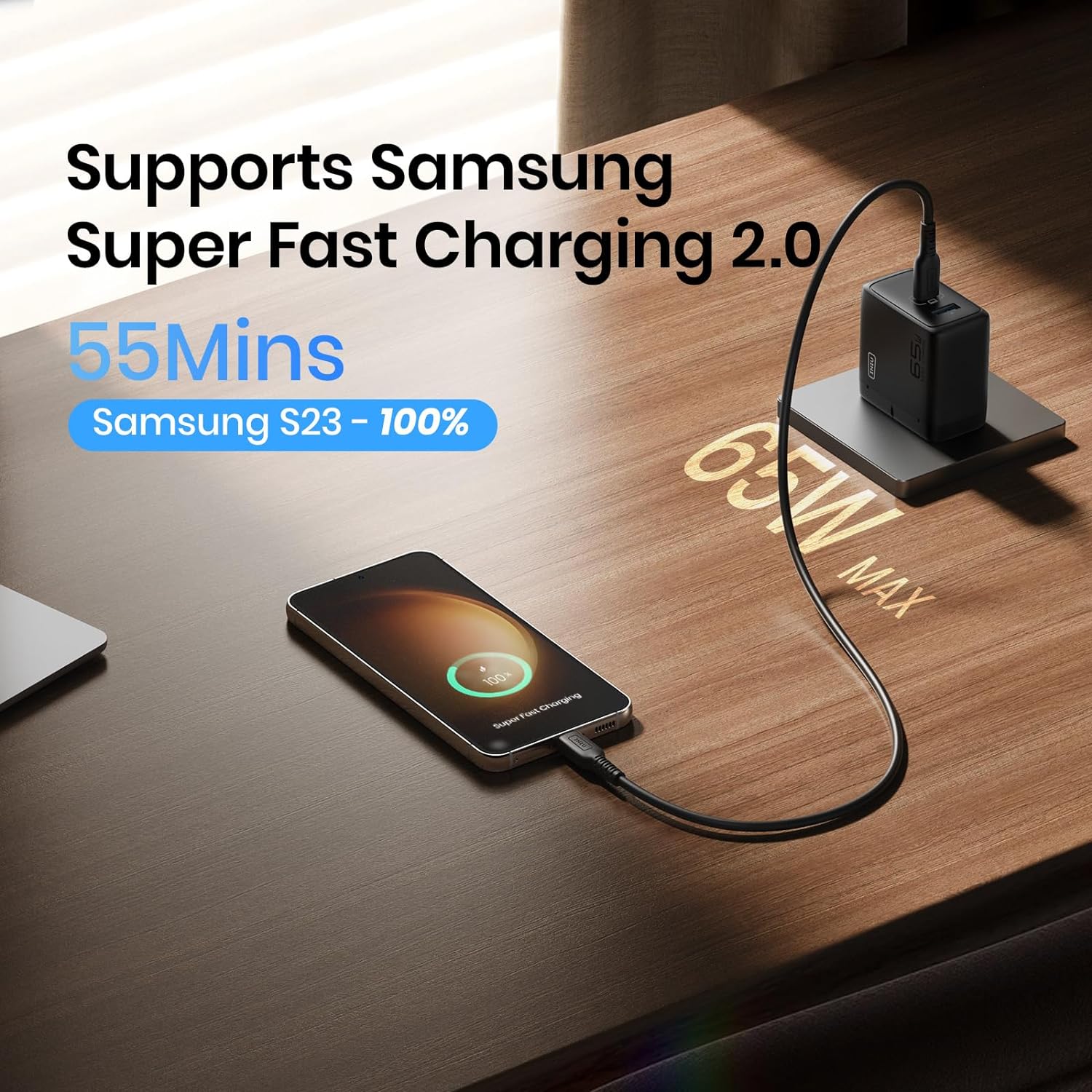 INIU 65W Charger: Samsung S23 Super Fast Charging 2.0, charging to 100% in 55 minutes, black charger.