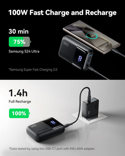 INIU P63-E1 Power Bank charging Samsung S24 Ultra in 30 minutes with 100W Fast Charge, black design.