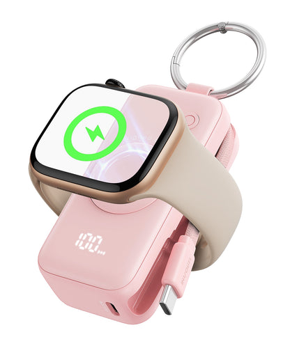 INIU SnapGo P81-E1 Power Bank charging Apple Watch Series. Portable pink design with keychain, USB-C, and battery display.