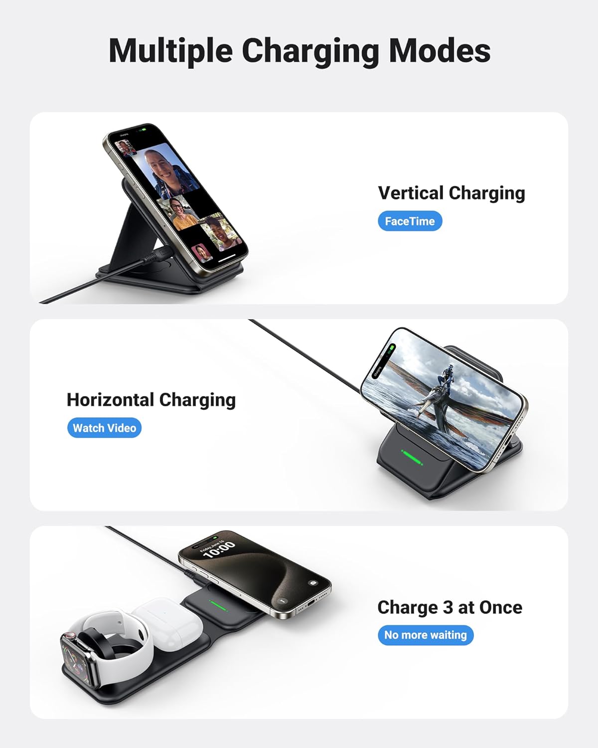 INIU 3-in-1 Wireless Charger: Multiple modes, supports FaceTime, video, and charges iPhone, Watch, AirPods.