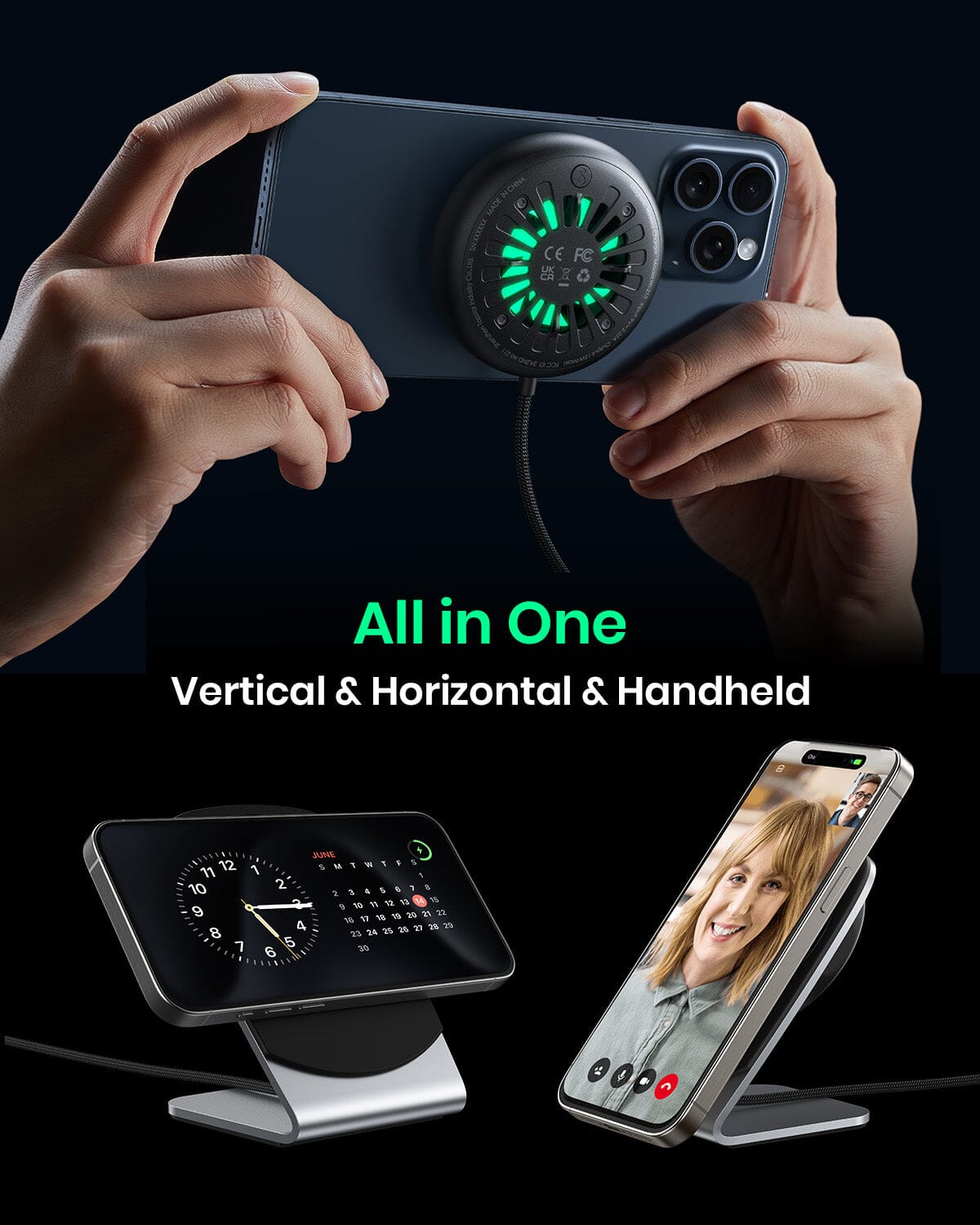INIU WI213: Wireless Charger All in One, vertical/horizontal/handheld for iPhone. Turbo Cooling Fan.
