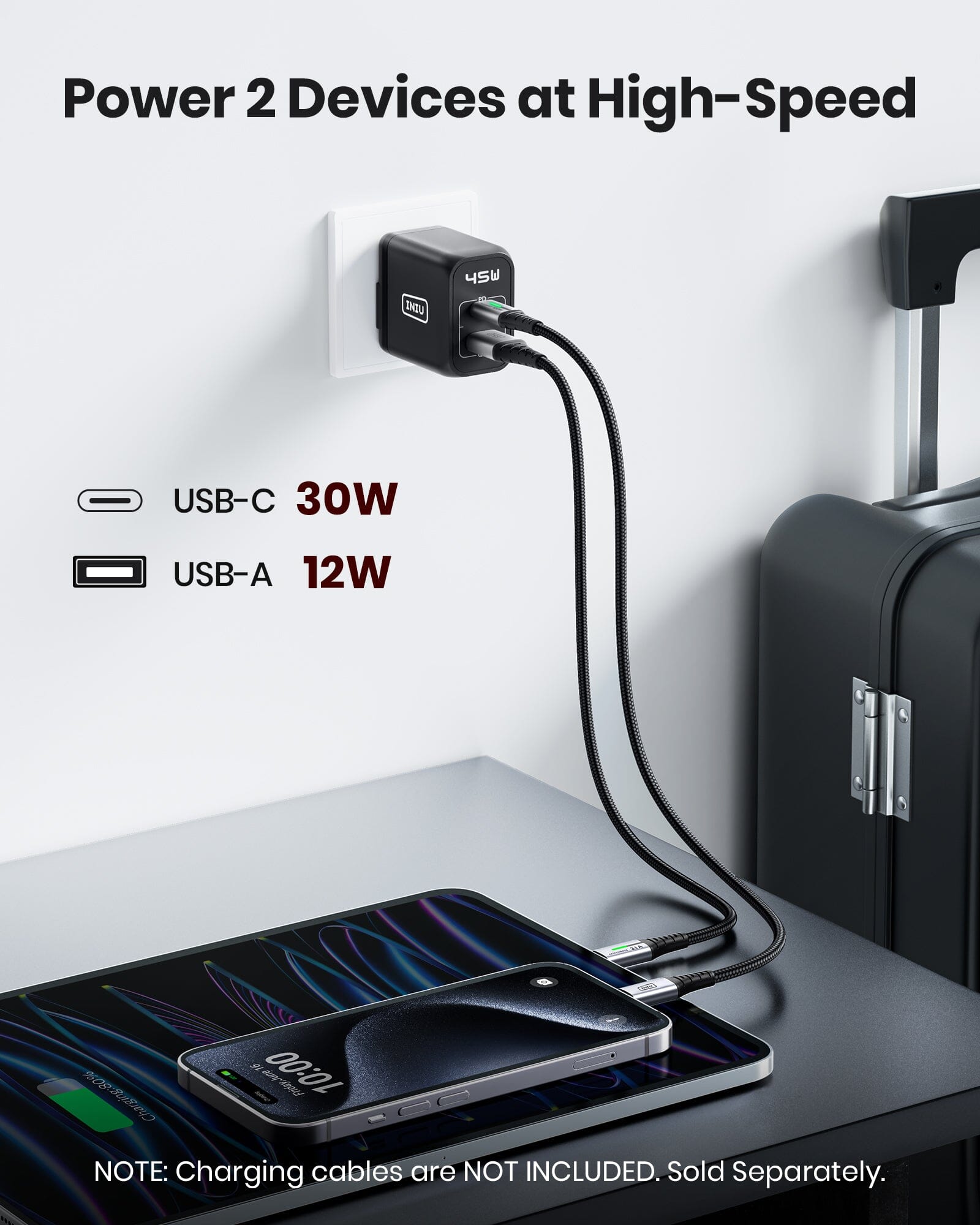 INIU I623 2-Port 45W Super Fast Charger powering two devices with USB-C 30W and USB-A 12W, black charger in a wall outlet.