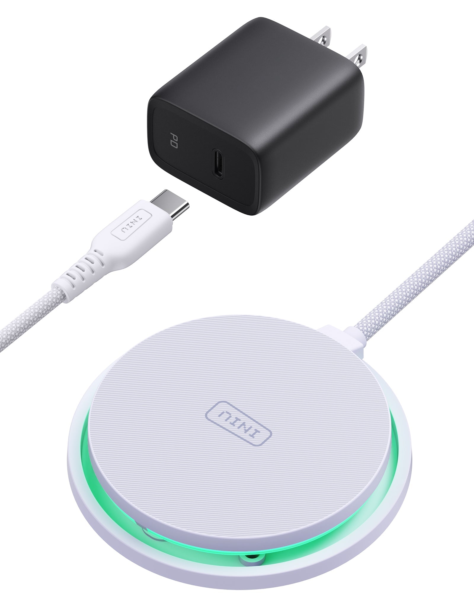 INIU W11-E1 Wireless Charger Kit: Black adapter, white wireless charging pad, USB-C cable, fast charging solution.