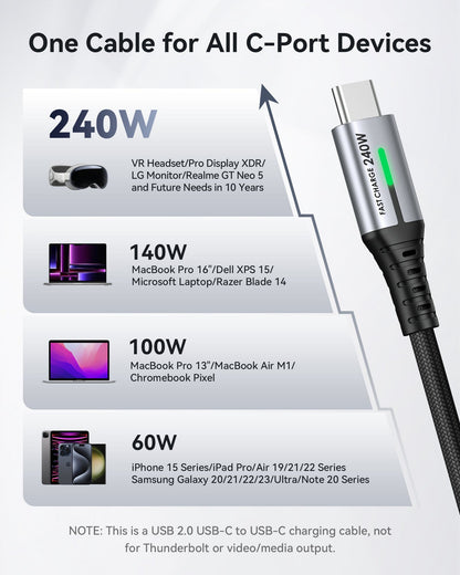 INIU D7CC 240W USB-C Cable: fast charging for laptops, phones, and more. Safe charging with EMARK2.0.