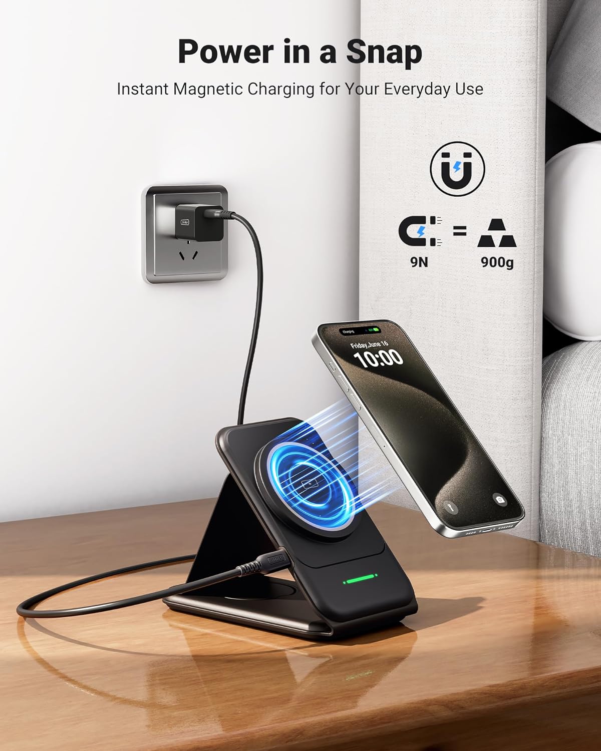 INIU 3-in-1 Wireless Charger: Black iPhone charging magnetically, fast charging, "Power in a Snap".