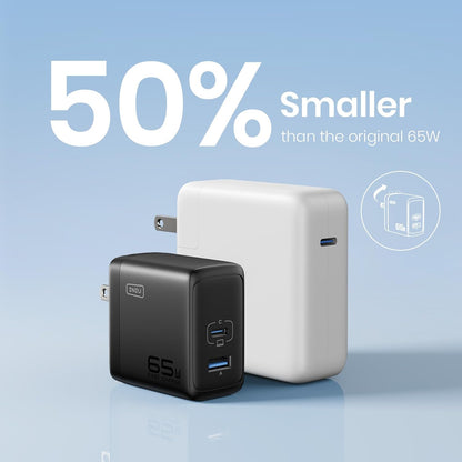 INIU 65W Charger: Compact design, 50% smaller, featuring USB-A and USB-C ports for fast charging.