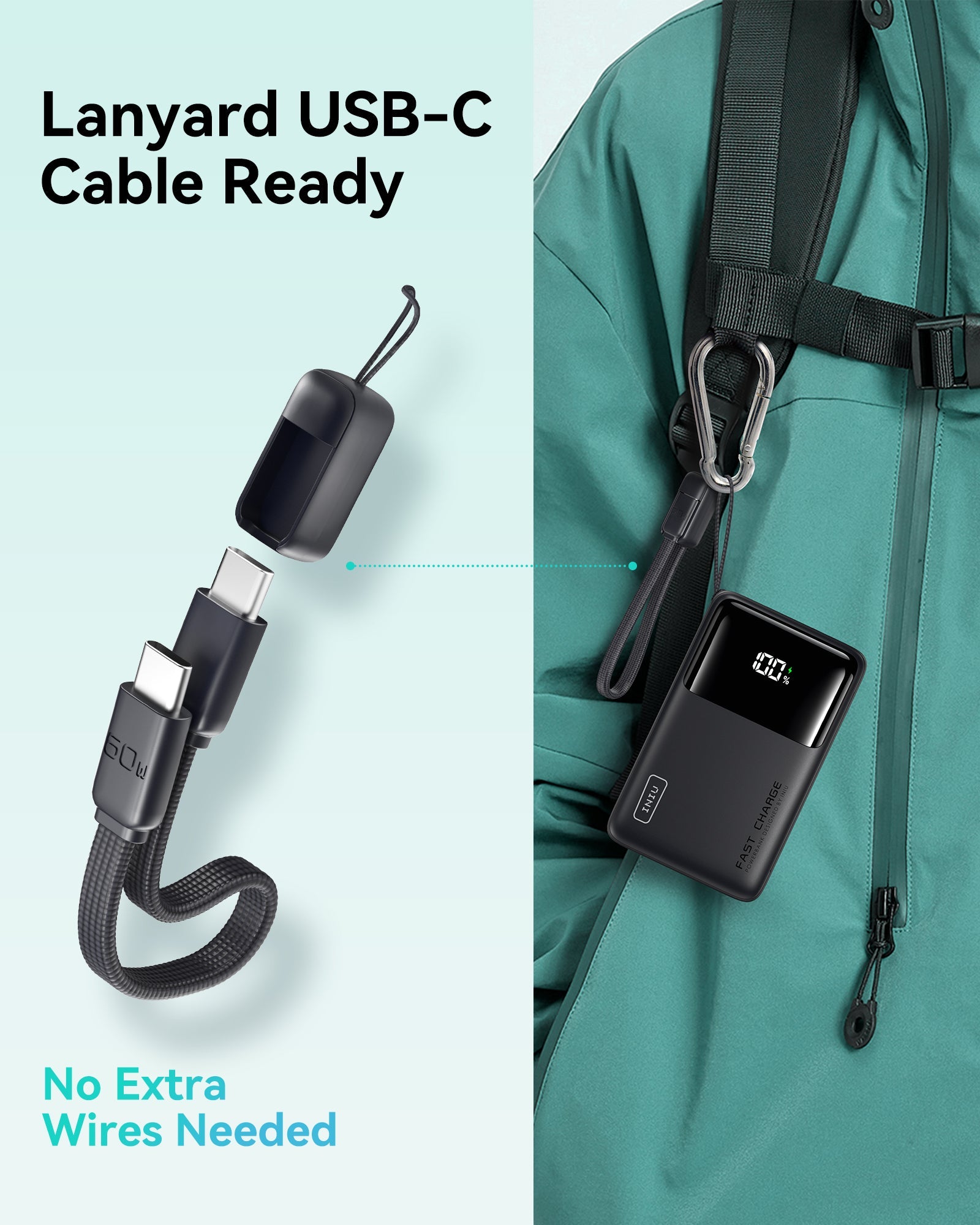 INIU P55-E2 Power Bank with USB-C Cable: Compact black design, fast charging, no extra wires needed.