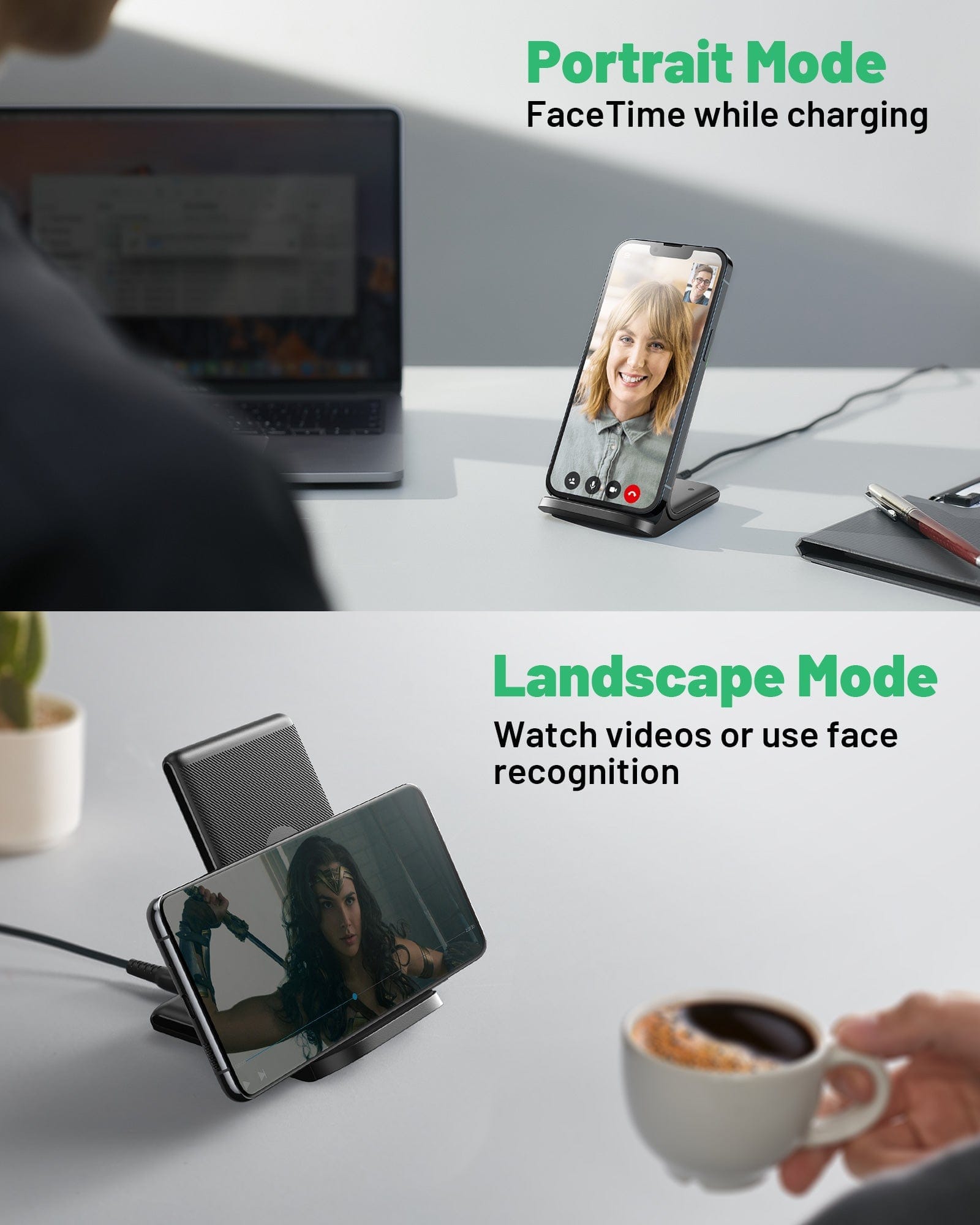 INIU I211-2P Wireless Charger: Portrait & Landscape Mode, FaceTime and watch videos.