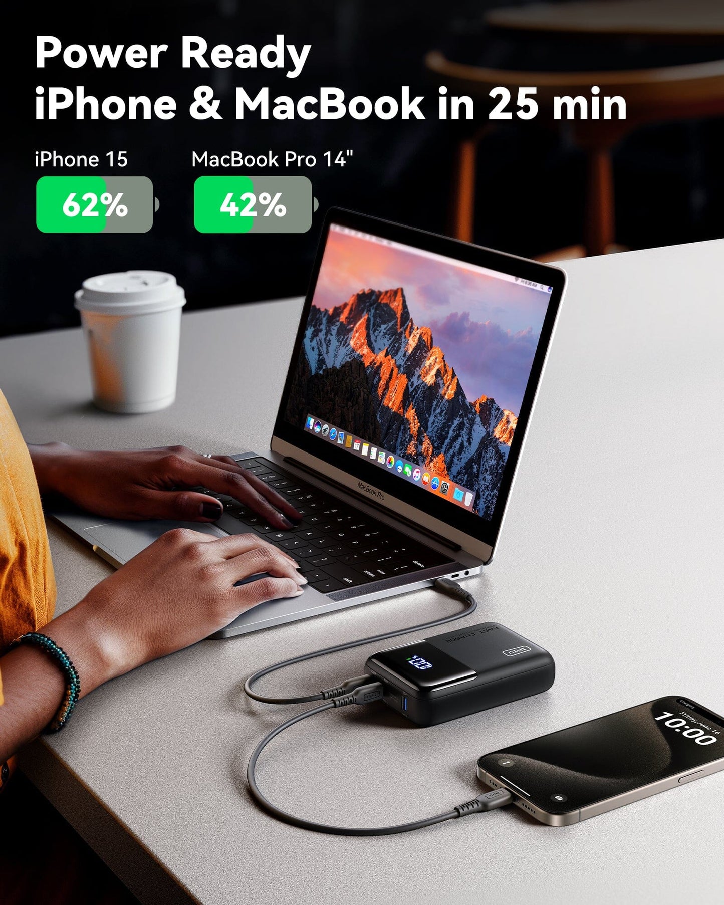 INIU P63-E1 Power Bank charging iPhone 15 and MacBook Pro 14 simultaneously, fast charging in 25 minutes, black power bank.
