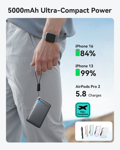 INIU SnapGo P71-E1: Ultra-compact 5000mAh power bank charging iPhone 16/13, AirPods Pro 2, TSA-compliant.