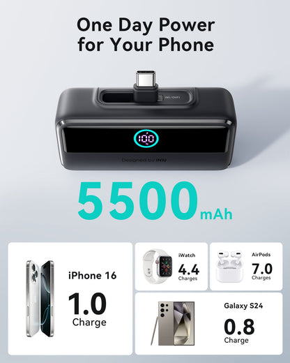 INIU P45-E1 Power Bank, black, 5500mAh with USB-C port, charging multiple devices, offering one-day power.