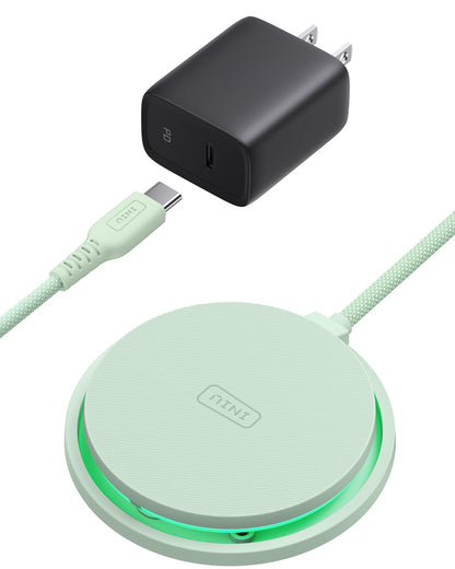 INIU W11-E1 Wireless Charger Kit: Mint wireless charging pad, black adapter, USB-C cable for fast charging