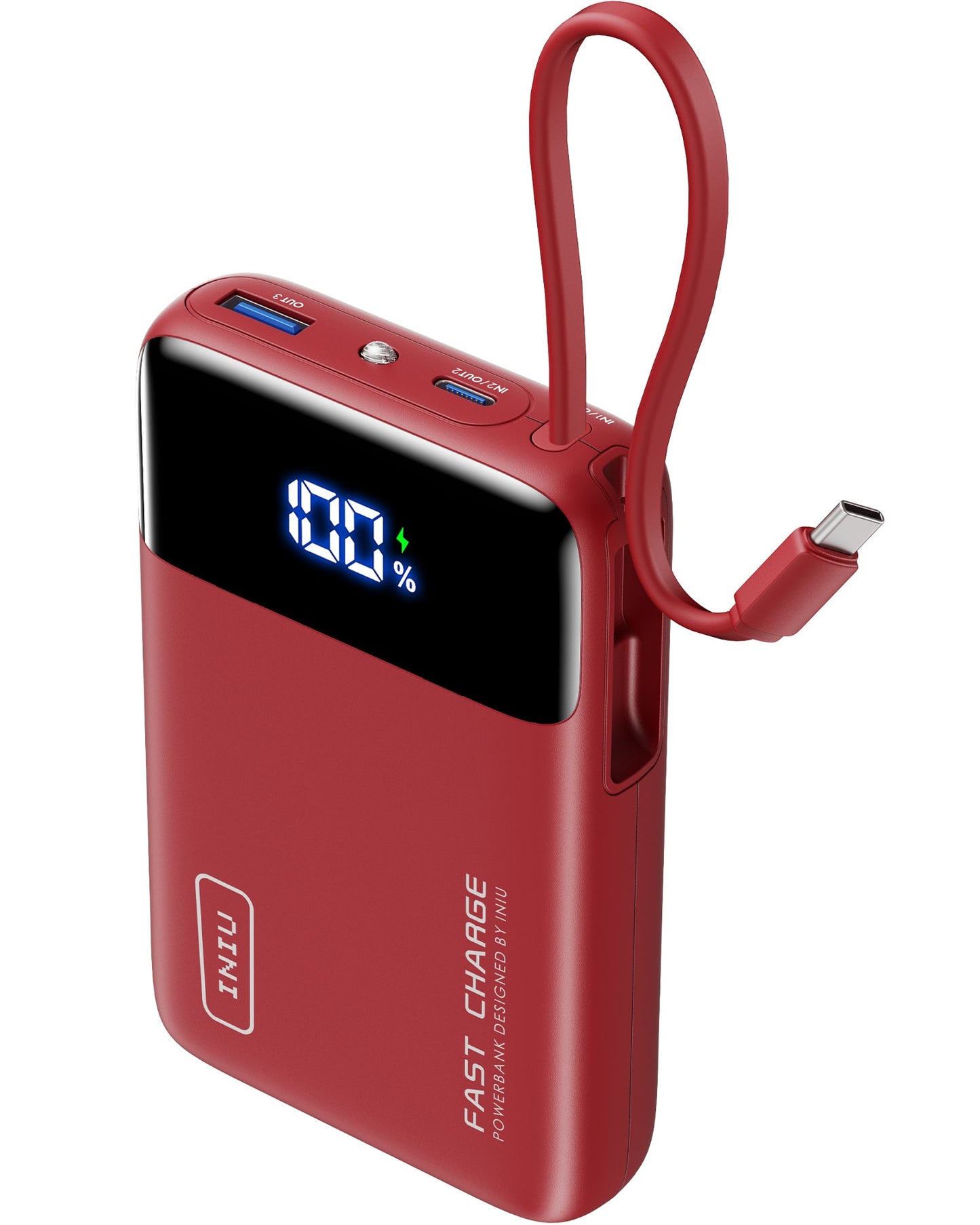 INIU P51L-E2 Red Power Bank with Built-in Cable, 45W Fast Charge, Digital Display Shows 100%