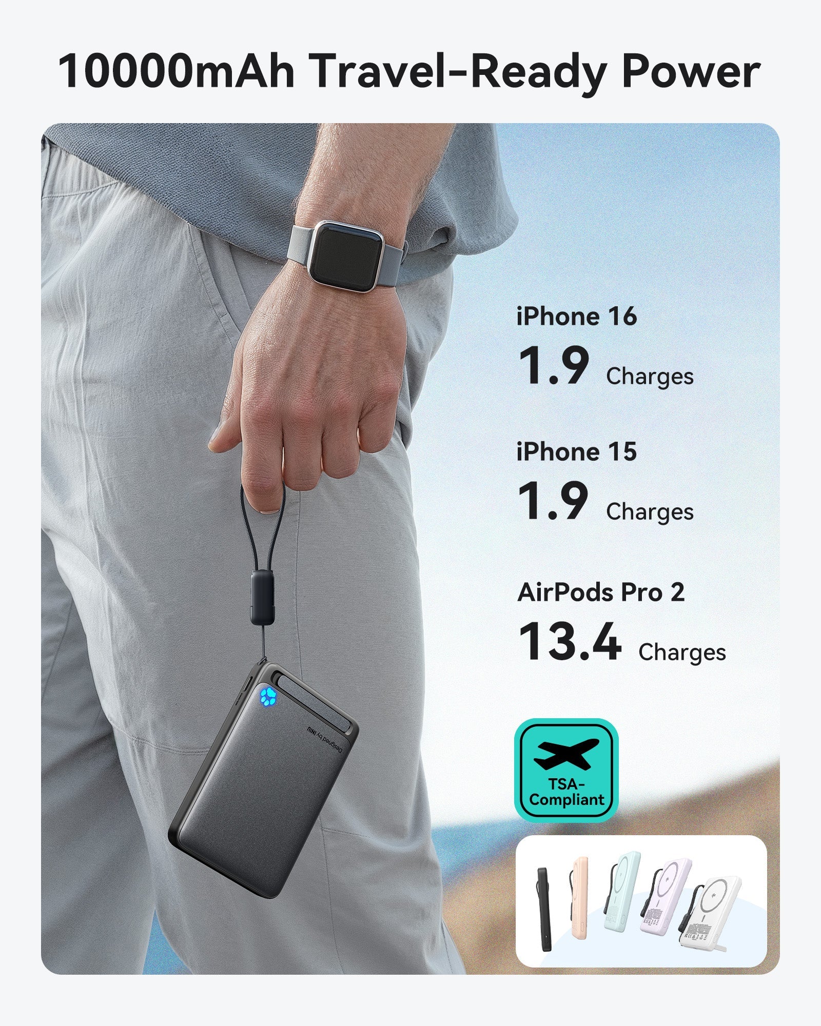 INIU SnapGo P73-E1 10000mAh power bank, charging iPhone 16, iPhone 15 and AirPods Pro 2, TSA compliant, perfect for travel.