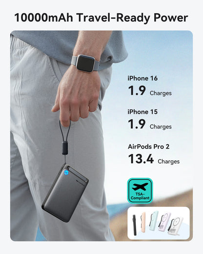INIU SnapGo P73-E1 10000mAh power bank, charging iPhone 16, iPhone 15 and AirPods Pro 2, TSA compliant, perfect for travel.