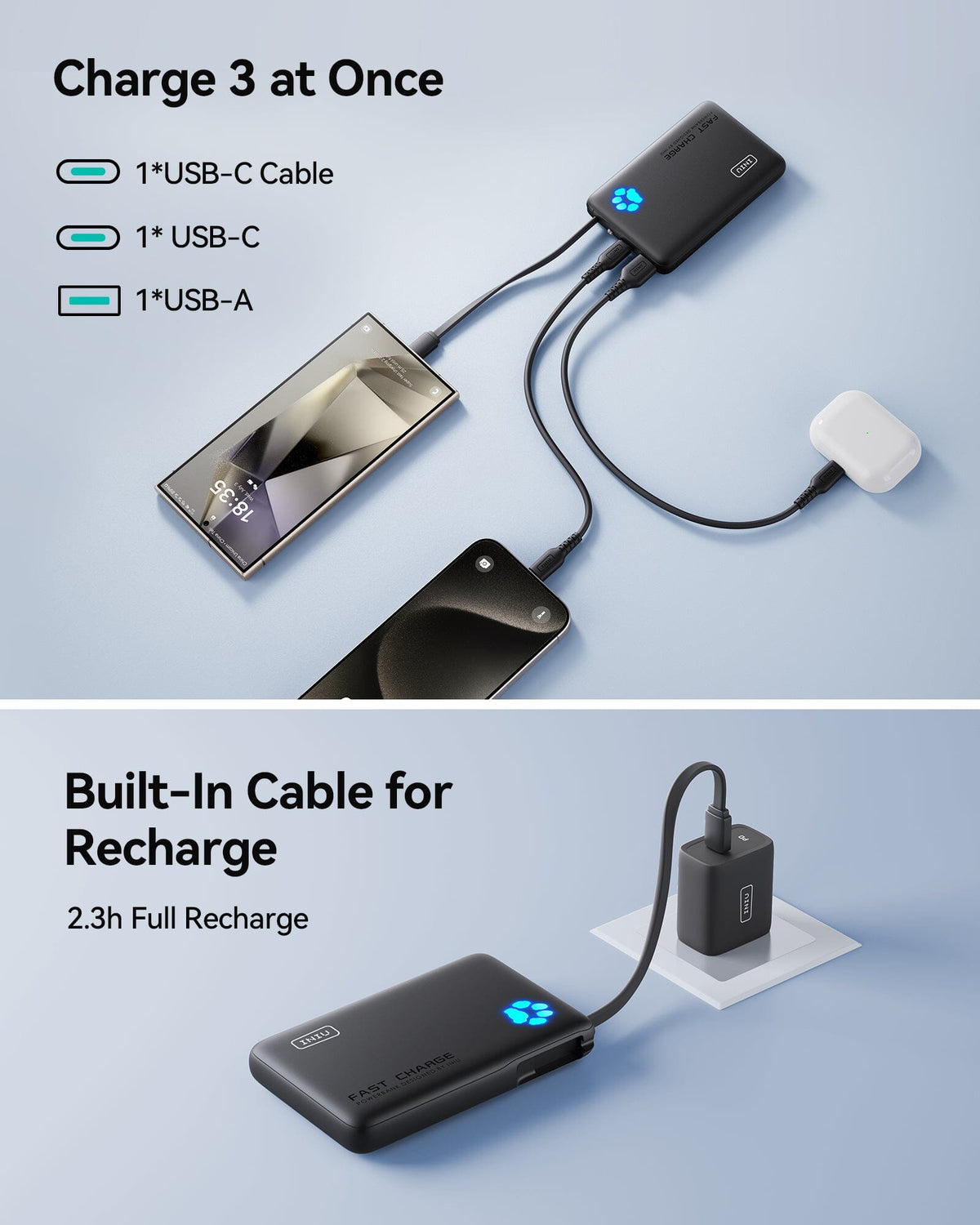 INIU P41L-E1 Power Bank: Black portable charger with built-in cable, charging 3 devices at once, features fast charge.