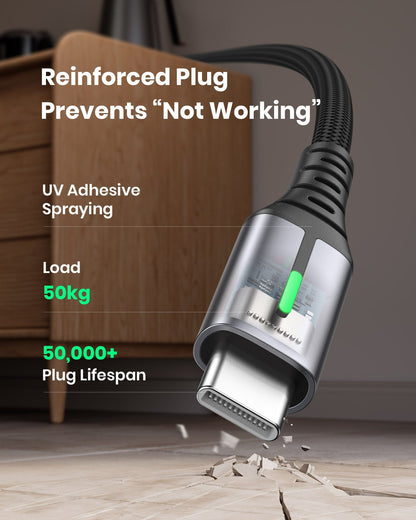 INIU D5C USB-C cable: reinforced plug, durable design, 50kg load, and 50,000+ plug lifespan.