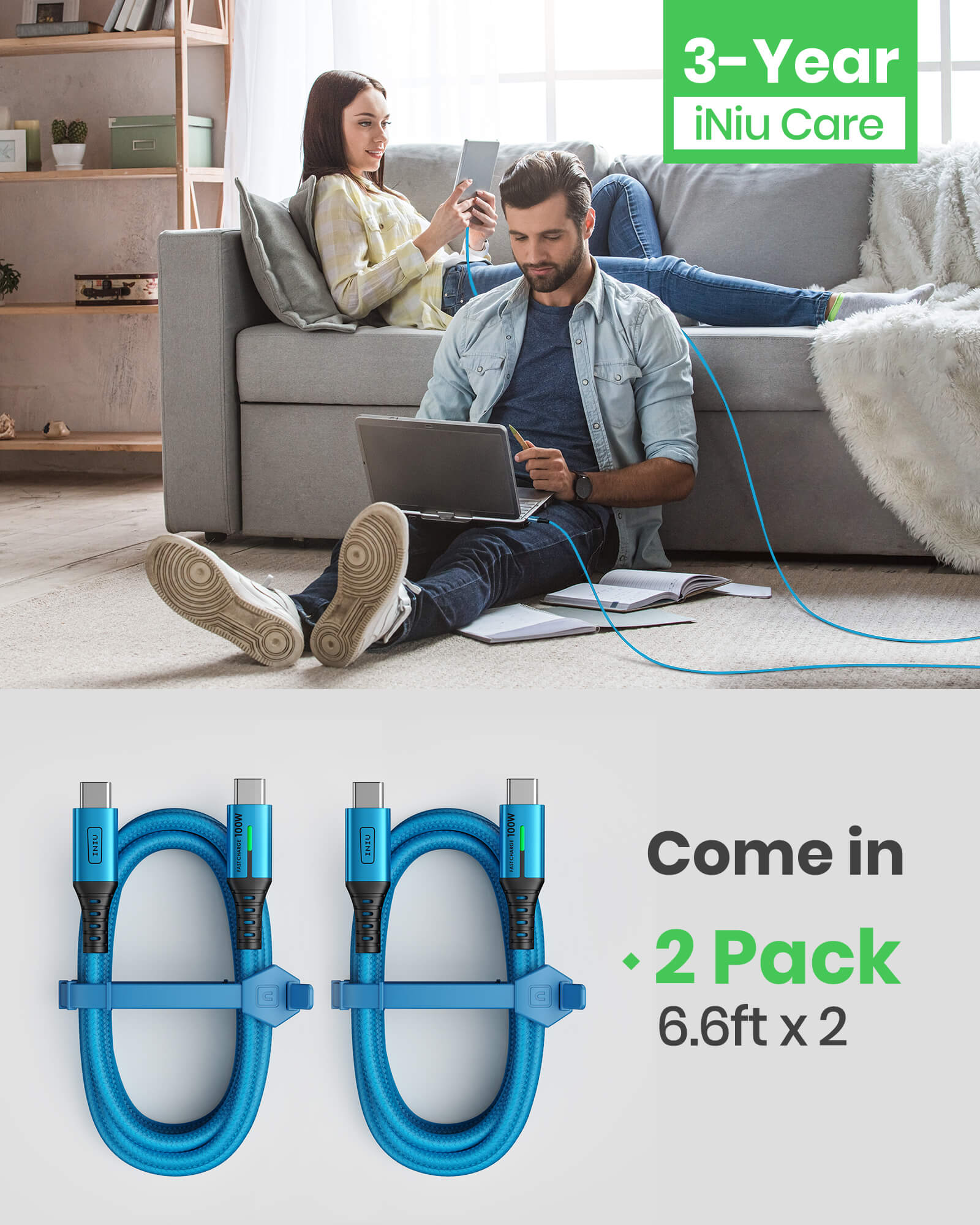 INIU D5CC USB-C Cable 2-Pack, Blue Braided Cable Charging MacBook Pro, 100W Fast Charge, 3-Year Care