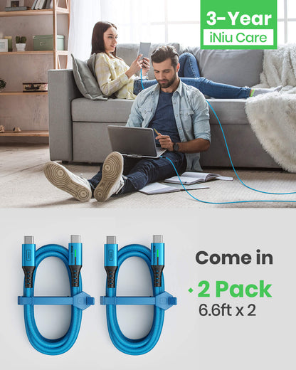 INIU D5CC USB-C Cable 2-Pack, Blue Braided Cable Charging MacBook Pro, 100W Fast Charge, 3-Year Care