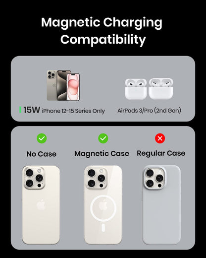 INIU WI213 - Compatible with iPhone 12-15 & AirPods. Wireless charging with or without magnetic cases.