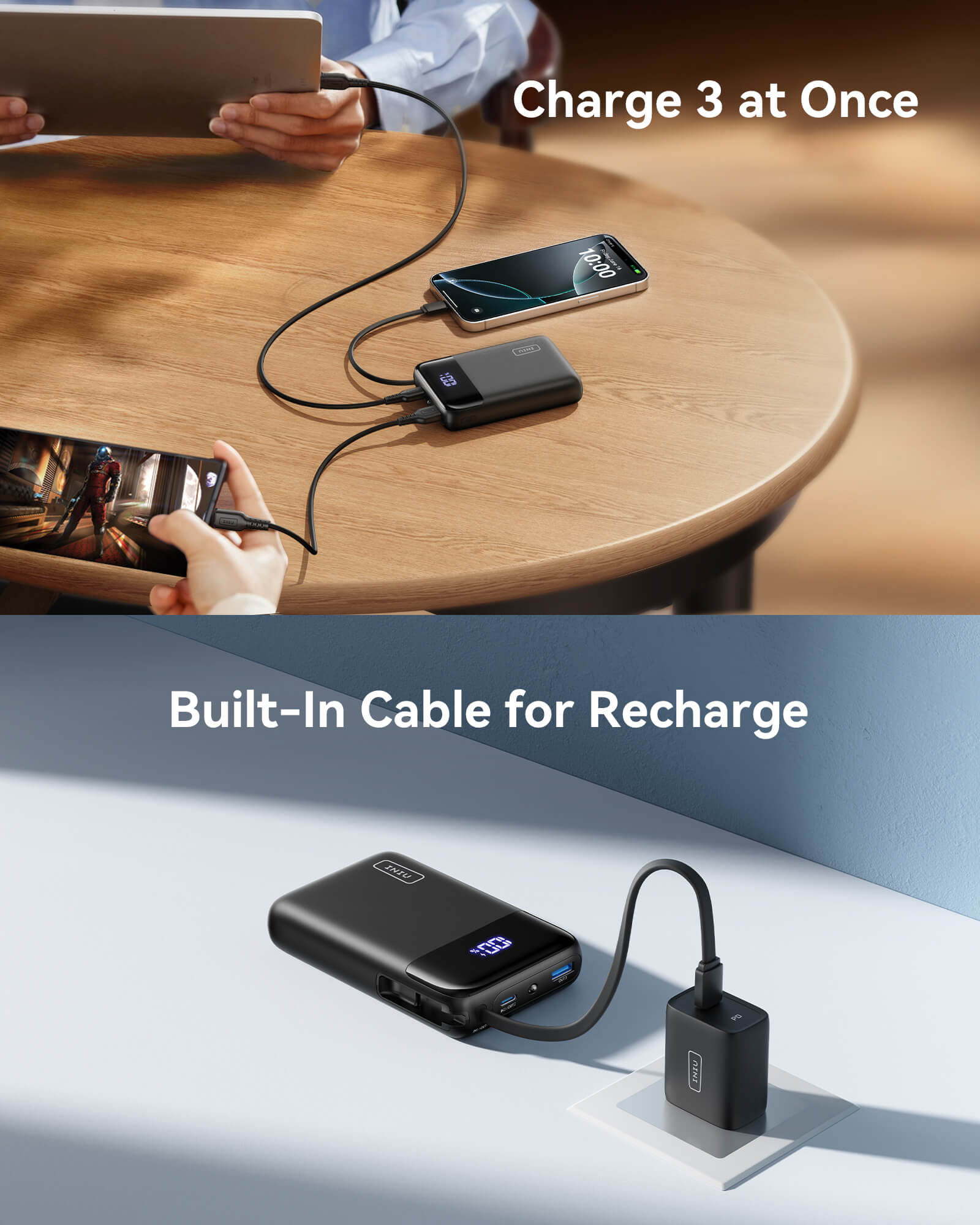 INIU P51L-E2 Power Bank: Black, charging three devices simultaneously, built-in cable for recharge.