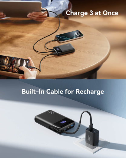 INIU P51L-E2 Power Bank: Black, charging three devices simultaneously, built-in cable for recharge.