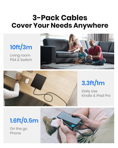 INIU D3C USB C Cable 3-Pack: Cables for various uses: PS4, iPad, phone charging.