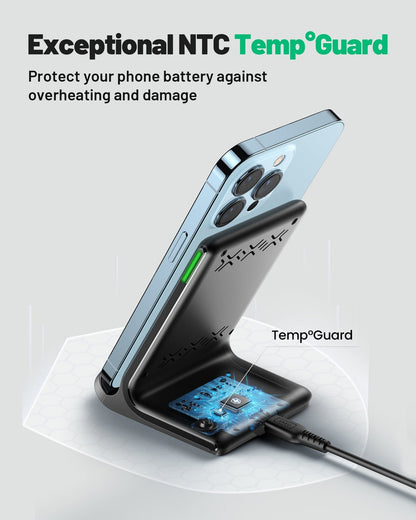 INIU I211-2P wireless charger with NTC Temp°Guard, protecting phone battery from overheating.
