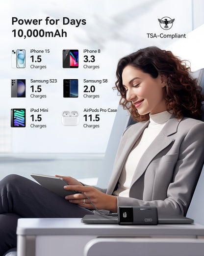 INIU B6 Power Bank 10000mAh - woman charging tablet showing charge levels, TSA-Compliant, power for days