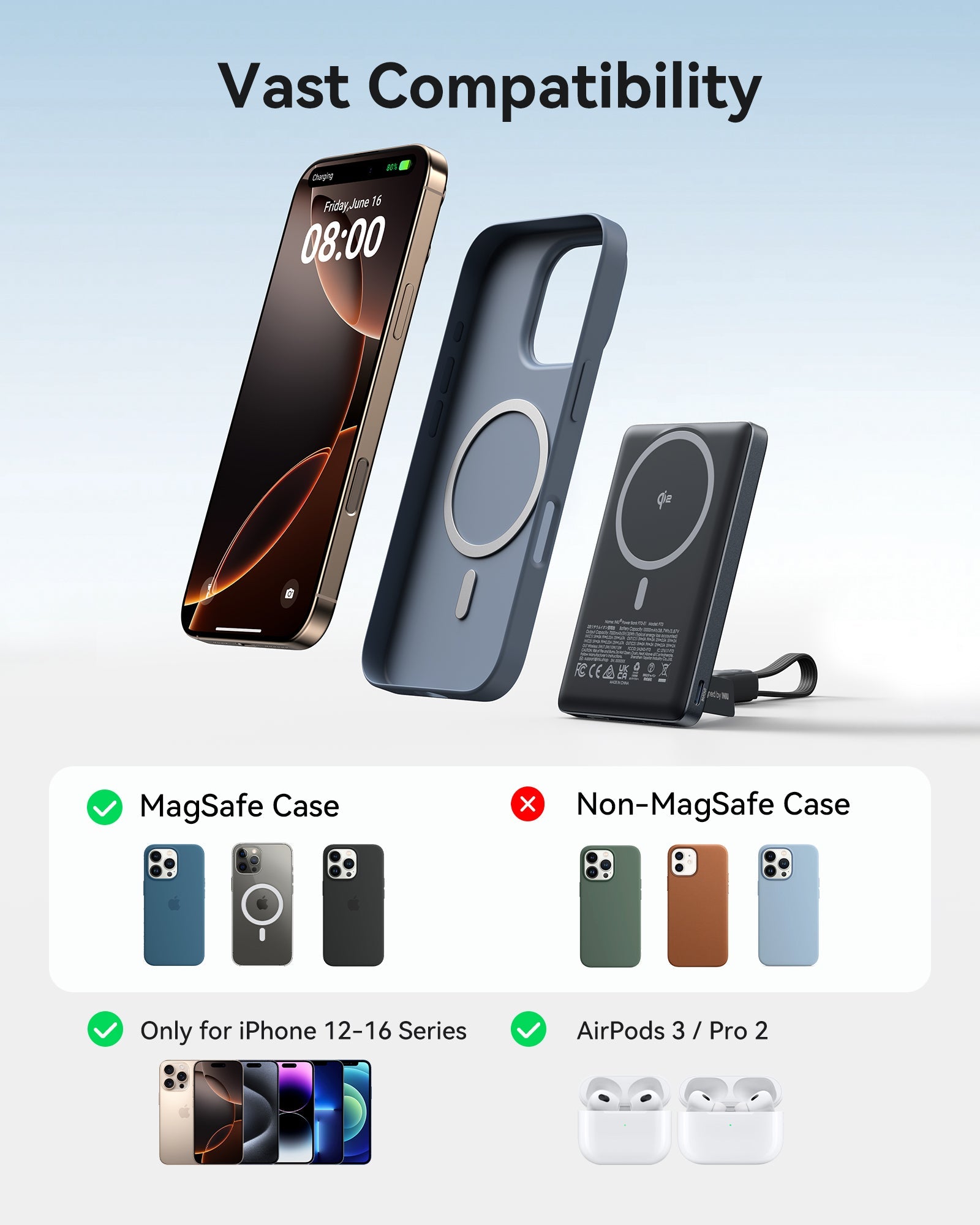 INIU SnapGo P71-E1 Compatibility: Supports iPhone 16/13, AirPods, MagSafe cases