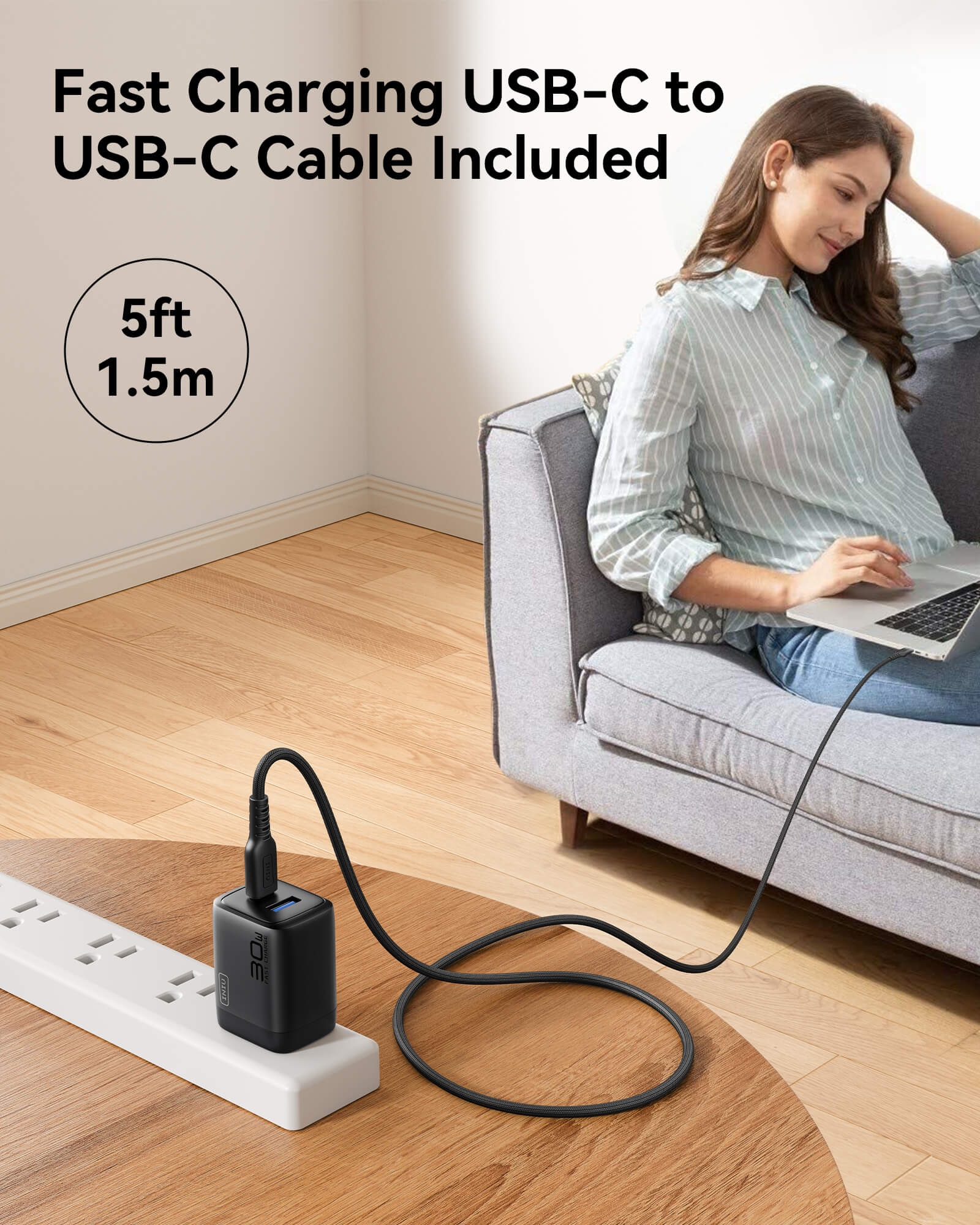 INIU A12-E1 Charger with USB-C cable, 30W fast charging, woman using laptop on couch