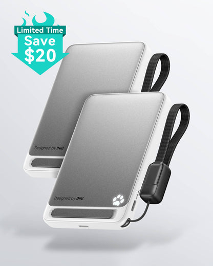 INIU SnapGo P73-E1, Wireless Charger, dual silver power banks, "Save $20" offer, compact with lanyard